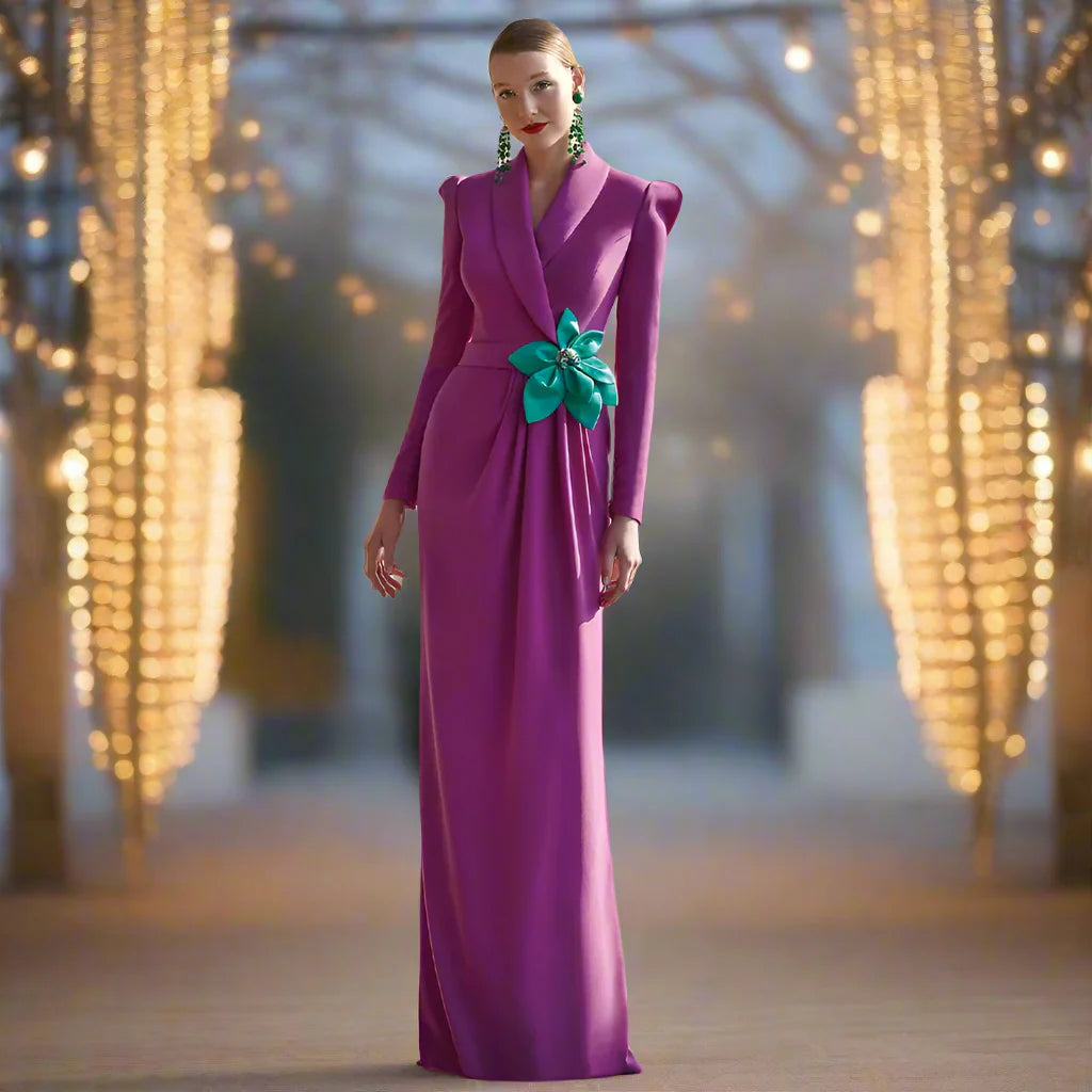 Formal Evening Dress Long Sleeves V Neck Belt Mermaid Evening Gowns