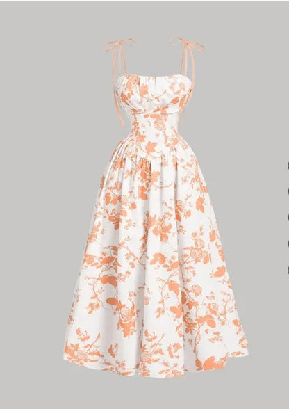 Women's Floral Slip Dress French Vintage High Waist Casual Sundress