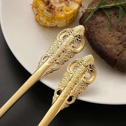 Luxury Gold Cutlery Set Vintage Dinnerware Set 18/10 Stainless Steel Silver Flatware Knife Fork and Spoon