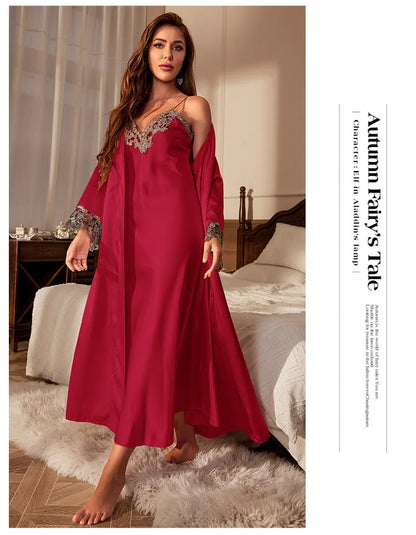 Women Silk Nightgown Set Spring Summer Kimono Bathrobe