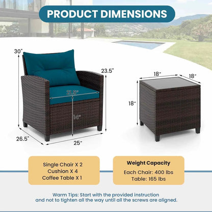 3 Pieces Patio Furniture Set, PE Rattan Wicker 3 Pcs Outdoor Sofa Set w/Washable Cushion and Tempered Glass, Customized