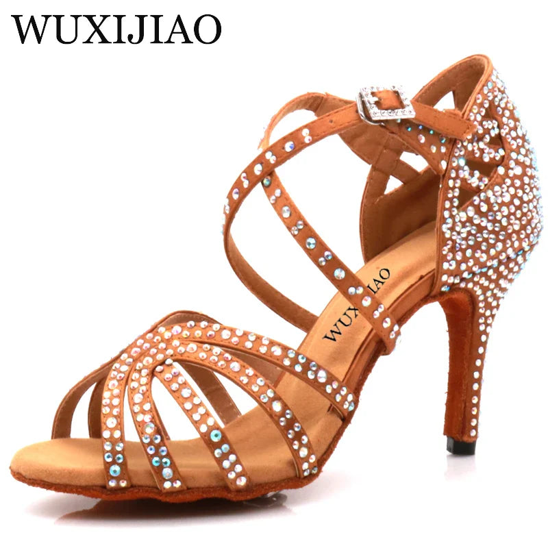 Ballroom Diamond Latin Dance Soft Sole Shoes Silver Bronze Skin color