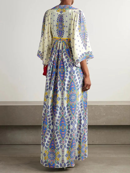Three Quarter Sleeve Patchwork Loose Chic Maxi Women V Neck Dress