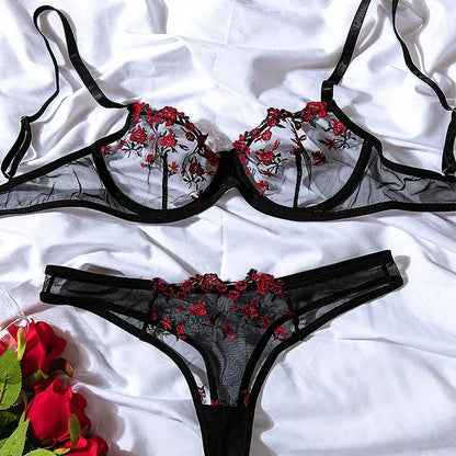 Women's Sexy Transparent Underwear Brasserie Sets Embroidered Flowers