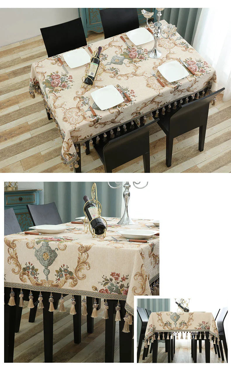 Luxury Jacquard Tablecloth with Tassel Pendant Chenille Fabric Rectangular Table Cover European Living Room Coffee Table Cloth