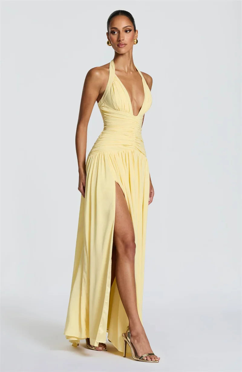 Elegant Halter Deep V Neck Sexy Maxi Women Dress Off-shoulder Sleeveless