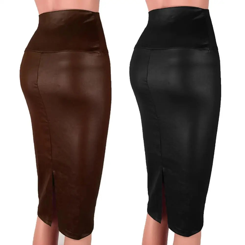 Elegant High Waist Split Faux Women Leather Pencil Skirt Knee Length