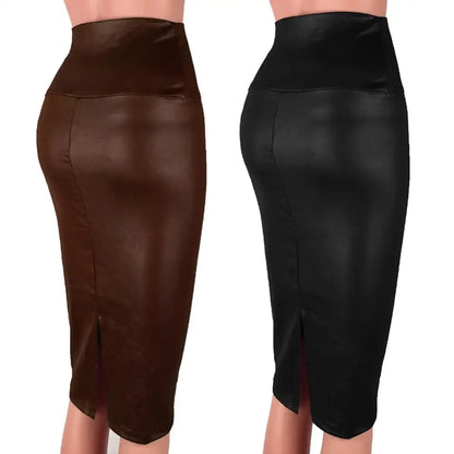 Elegant High Waist Split Faux Women Leather Pencil Skirt Knee Length