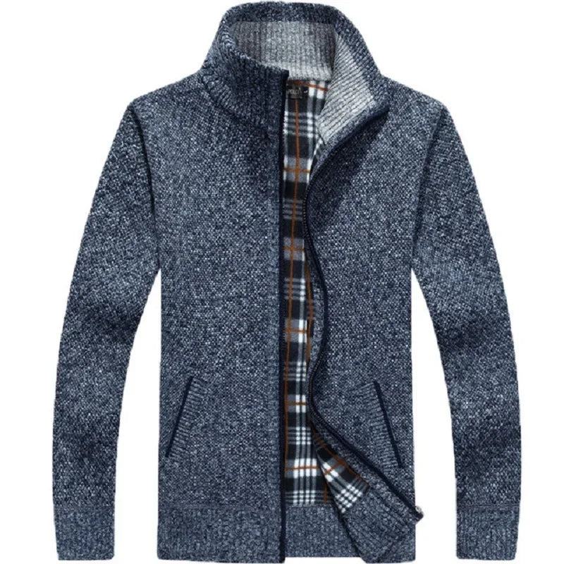 Winter Men's Knitted Sweater Coat Long Sleeve Thick Cardigan Fleece Zipper Causal Solid Color