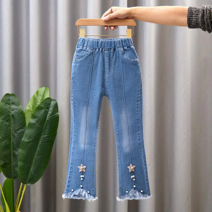 Girls Star Embroidered Jeans Pants with Pearl Slim-Fit age 7-13 yrs old