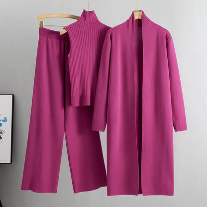 3 Piece Outfits Sweater Pullover Top & Knitted Long Cardigan & Wide Leg Pants Suits