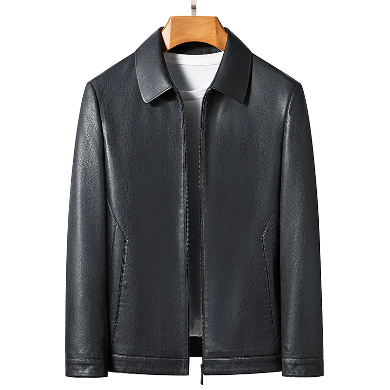 Men's Genuine Leather Polo Mock Neck Jacket Slim Sheepskin Coat Spring and Autumn