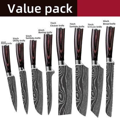 Damascus Laser Steel Kitchen Chef Knives with Shear Cutter and Wooden Handle