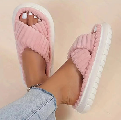 Winter Women Slippers Open-Toe Cross Band Linen Soled Indoor Non-Slip