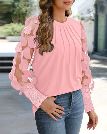 Women Fashion Mesh long Sleeve Round Neck Loose Blouse