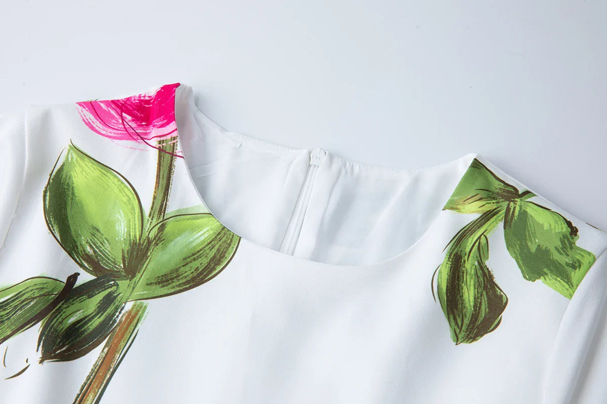 Summer French Women's Retro Pink Flower Waist Cinching Slimming Big Swing Dress Elegant Anti-aging Short Sleeved Skirt