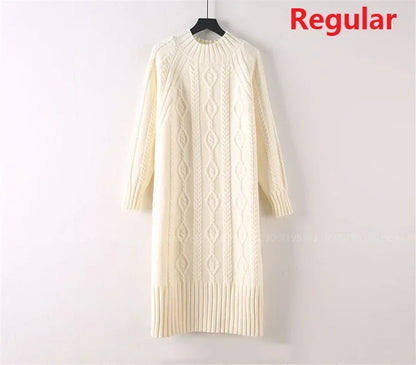 Women Winter Thicken Plus Velvet Sweater Dress Mock Neck Rib Knit Midi With Coats