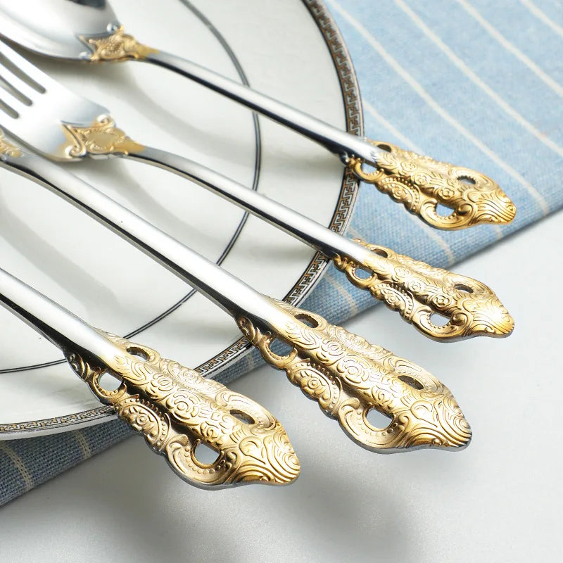 Luxury Gold Cutlery Set Vintage Dinnerware Set 18/10 Stainless Steel Silver Flatware Knife Fork and Spoon