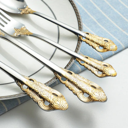 Luxury Gold Cutlery Set Vintage Dinnerware Set 18/10 Stainless Steel Silver Flatware Knife Fork and Spoon