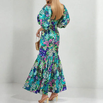Elegant Blue Flower Print Lantern Sleeve Ankle Summer Fishtail Dress