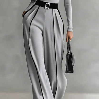 2 Piece Set Autumn/Winter Striped Print Elegant Stand Collar Slim Top Pullover & Wide Leg Trousers Suit