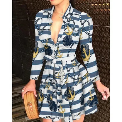 Elegant Casual Long Sleeved Dress With Buttons and Lapels