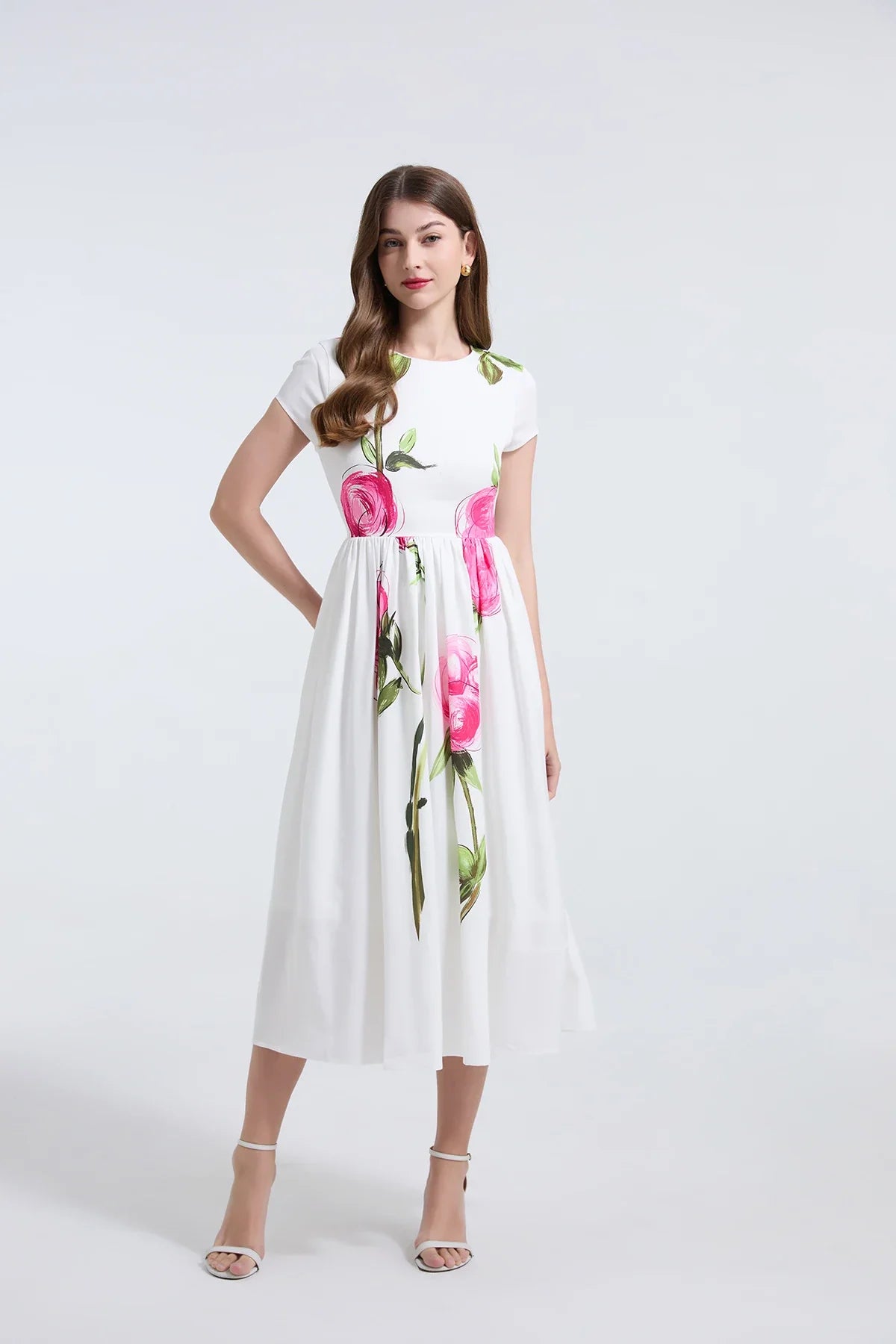 Summer French Women's Retro Pink Flower Waist Cinching Slimming Big Swing Dress Elegant Anti-aging Short Sleeved Skirt