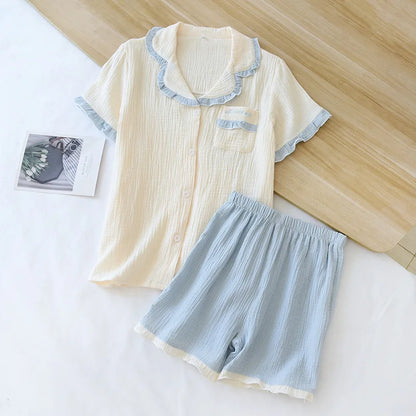 Summer pajamas short-sleeved shorts two-piece cotton crepe