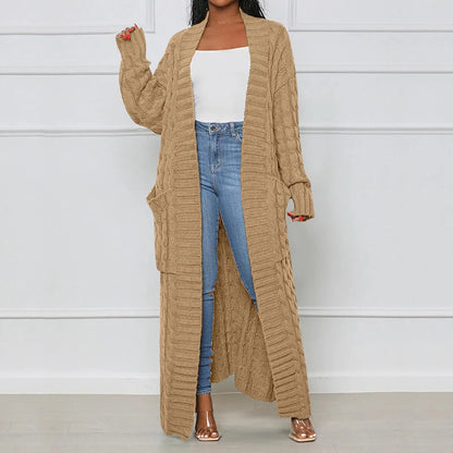 Women's Elegant Wool Ankle Length Knit Cardigan Open Front Long Sleeve Pocket Sweater