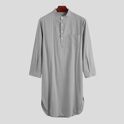 Men's Comfortable Cotton Button-down Sleep Robe Solid Color Stand Neck Long Sleeve Nightgown