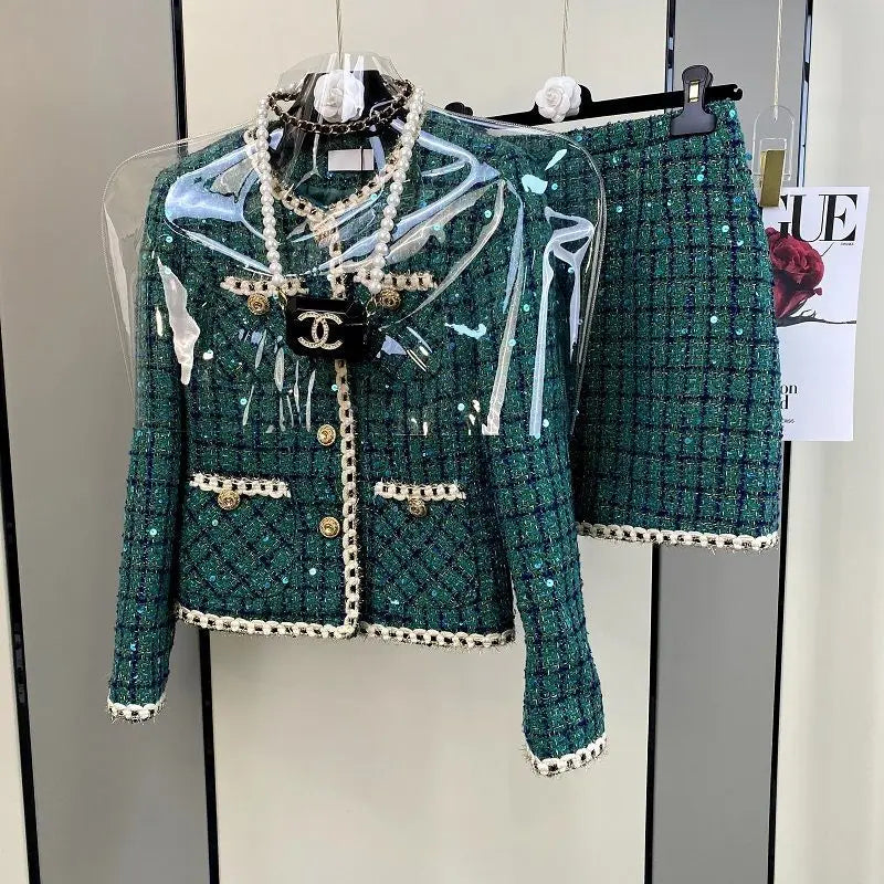 Women Elegant Winter Tweed Fragrant Suit Jacket Coat Top & Skirt Two Piece Set