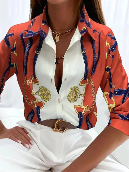 Elegant Printed Pattern Button Long Sleeve Women's Shirts