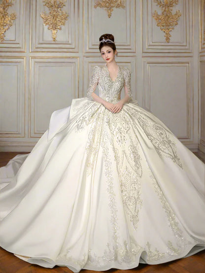 Luxury Classic Full sleeve Satin Wedding Dresses with Royal Train Customized
