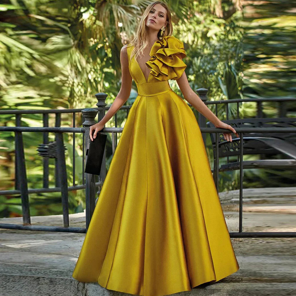 Formal Golden Satin Ruched Ruffles Gown A-line V-neck Special Occasion Dress