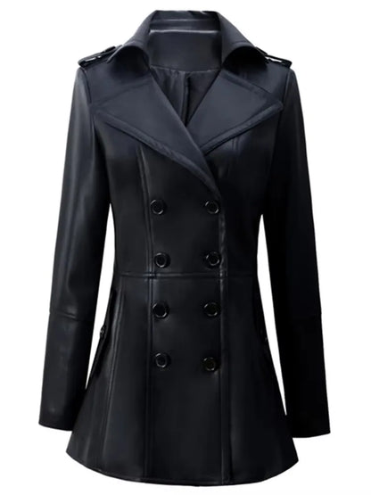 Women Elegant Luxury Fitted Soft Faux Leather Blazer Jacket Double Breasted