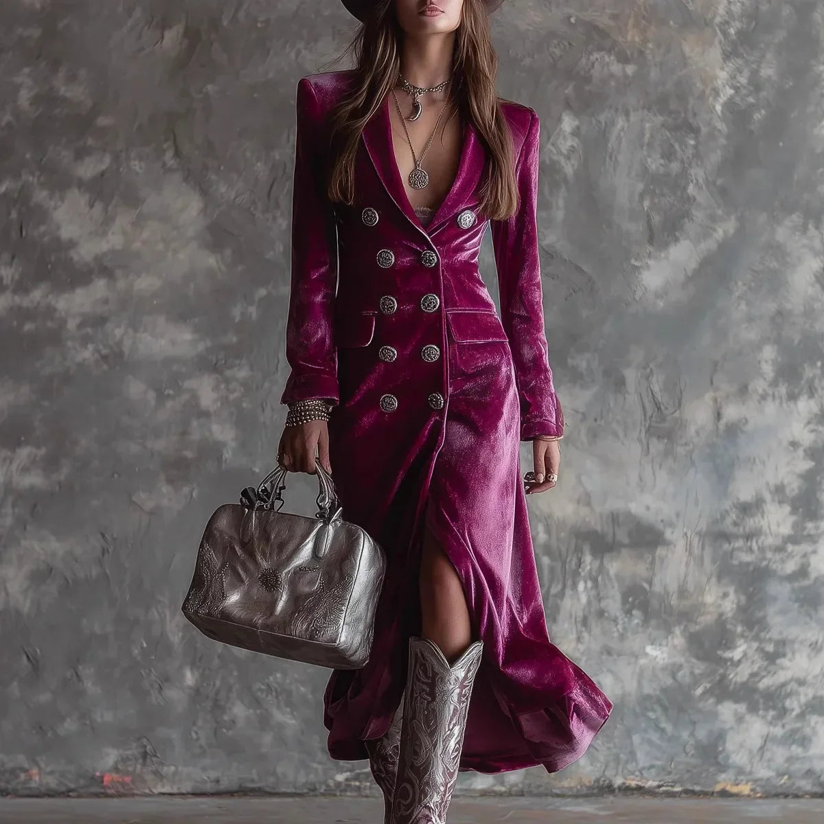 Elegant Women Velvet Lapel Double Breasted Long Sleeve Slit Midi Dress Autumn Winter Solid Color Slim Fit