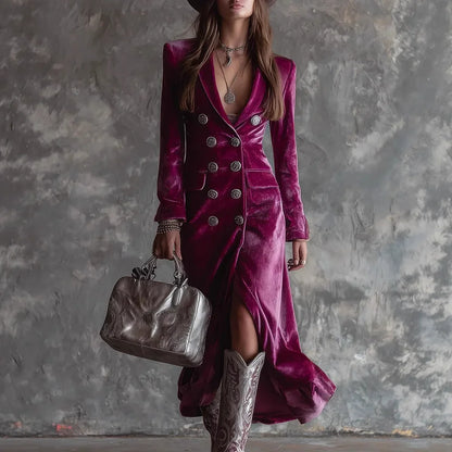 Elegant Women Velvet Lapel Double Breasted Long Sleeve Slit Midi Dress Autumn Winter Solid Color Slim Fit