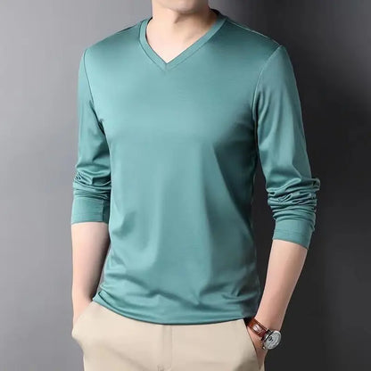 Men Thin Solid Cotton T-shirt Long Sleeve V-Neck Thin