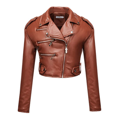 Women slim short PU leather jacket plus cotton high waist long sleeve lapel