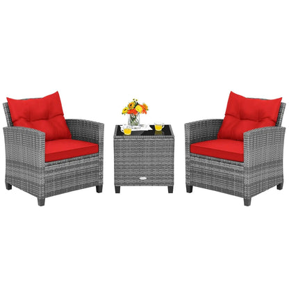 3 Pieces Patio Furniture Set, PE Rattan Wicker 3 Pcs Outdoor Sofa Set w/Washable Cushion and Tempered Glass, Customized