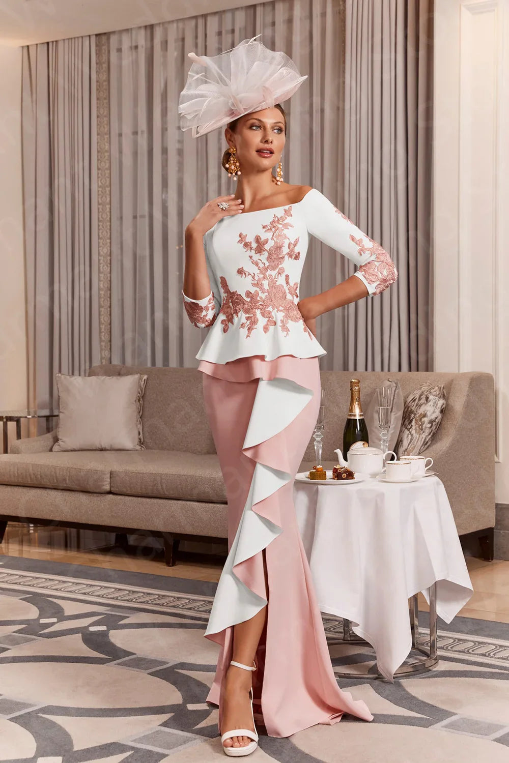 Customized Mermaid Mother of the Bride Dresses Lace Off Shoulder Sleeves Front Split