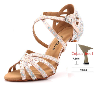 Ballroom Diamond Latin Dance Soft Sole Shoes Silver Bronze Skin color