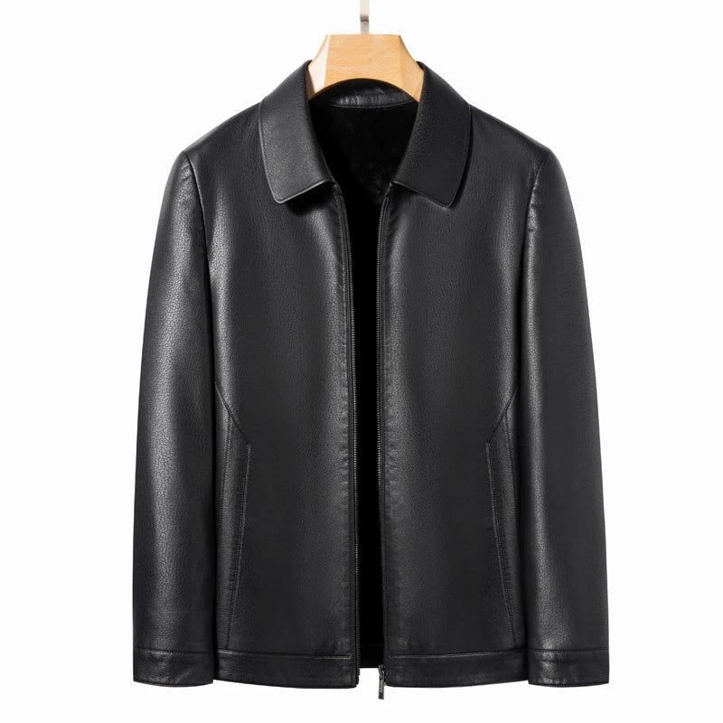 Men's Genuine Leather Polo Mock Neck Jacket Slim Sheepskin Coat Spring and Autumn
