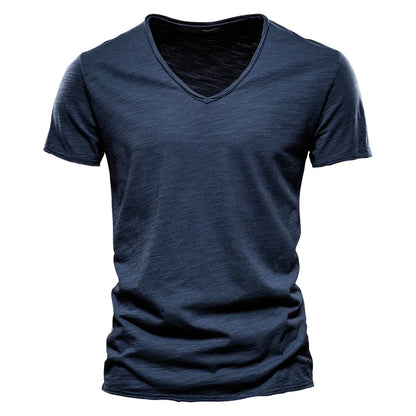 S-5XL 100% Cotton Men's T-Shirts Fashion Design V-neck Casual Slim Fit