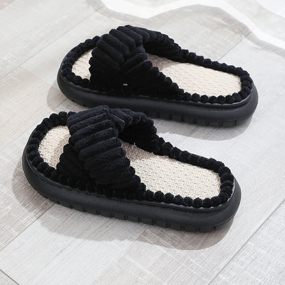 Winter Women Slippers Open-Toe Cross Band Linen Soled Indoor Non-Slip