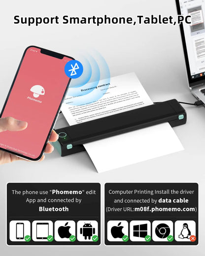 M08F Portable Phone Travel Home Wireless Thermal Printer Bluetooth Use A4 Mobile Printer for Laptops Inkless