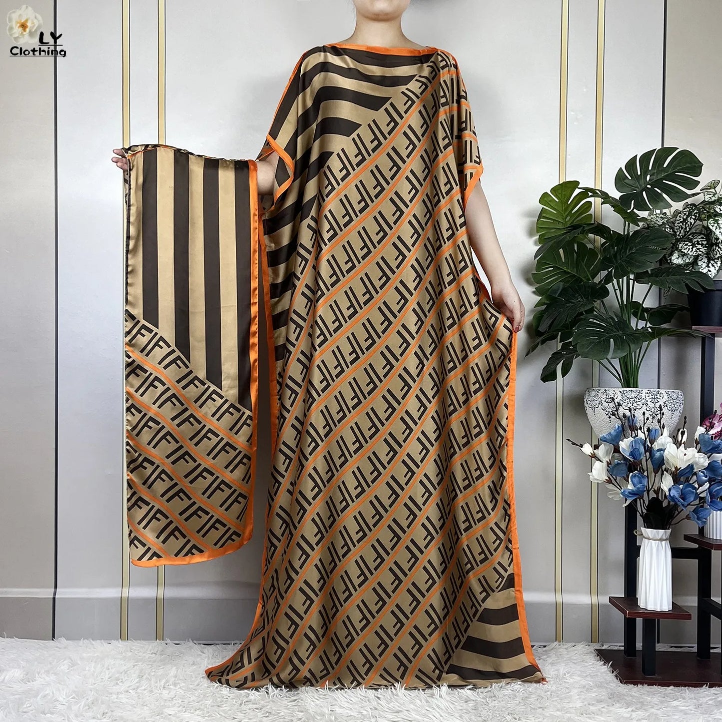 Women Printed Silk Soft Loose Maxi Party Dresses With Belt Turban