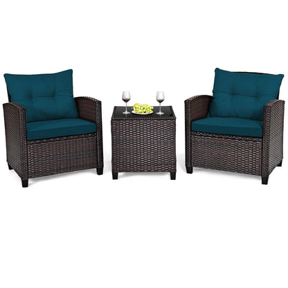 3 Pieces Patio Furniture Set, PE Rattan Wicker 3 Pcs Outdoor Sofa Set w/Washable Cushion and Tempered Glass, Customized