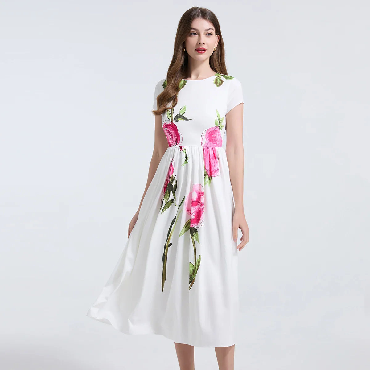 Summer French Women's Retro Pink Flower Waist Cinching Slimming Big Swing Dress Elegant Anti-aging Short Sleeved Skirt