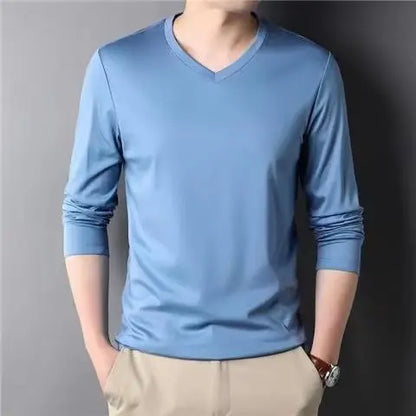 Men Thin Solid Cotton T-shirt Long Sleeve V-Neck Thin